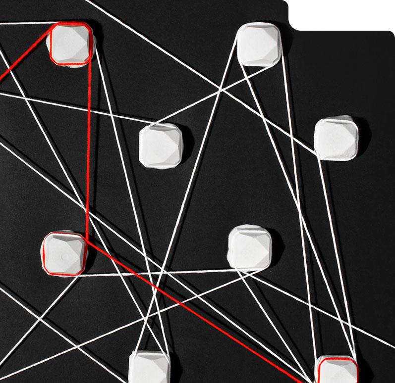 Abstract network of white and red strings connecting geometric nodes, symbolizing improved accuracy through AI system integration