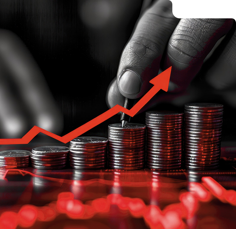 Stacked coins with upward red arrow showing reduced support costs through AI automation